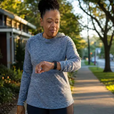 Woman checking smartwatch on neighborhood sidewalk Woman checking smartwatch on neighborhood sidewalk