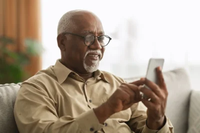Senior Black Man Texting On Smartphone Using Application At Home Senior Black Man Texting On Smartphone And Using Mobile Application Wearing Eyeglasses Sitting On Sofa At Home. Male Scrolling Reading News Feed In Social Media And Browsing Internet Via Phone